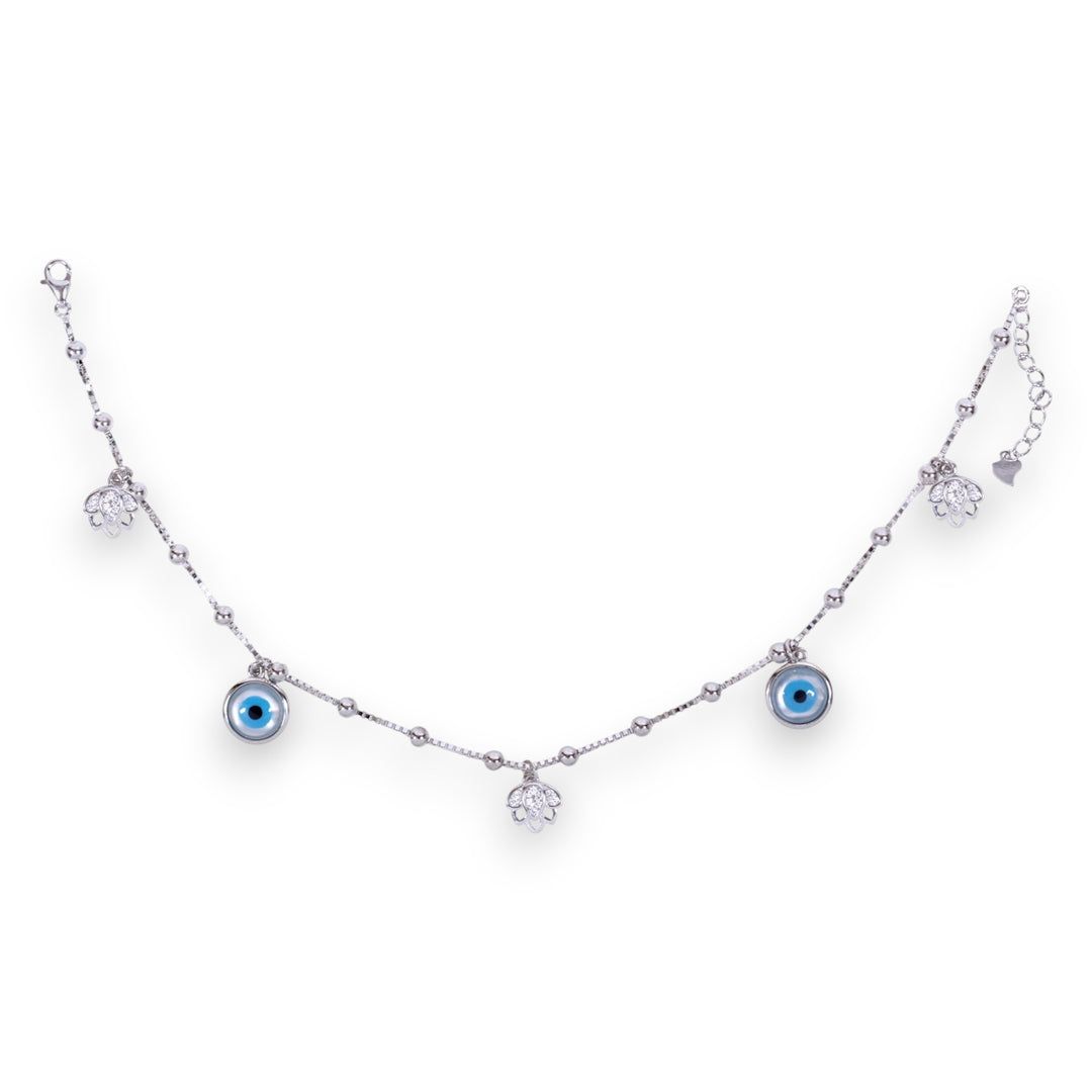 925 Sterling Silver Evil Eye & Charms Single Anklet For Women