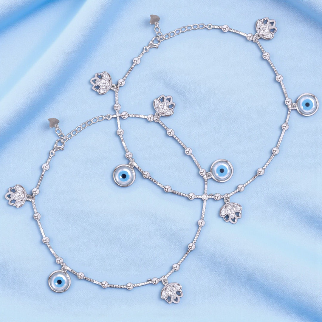 925 Sterling Silver Floral Shaped Charms Evil Eye Anklet For Women.