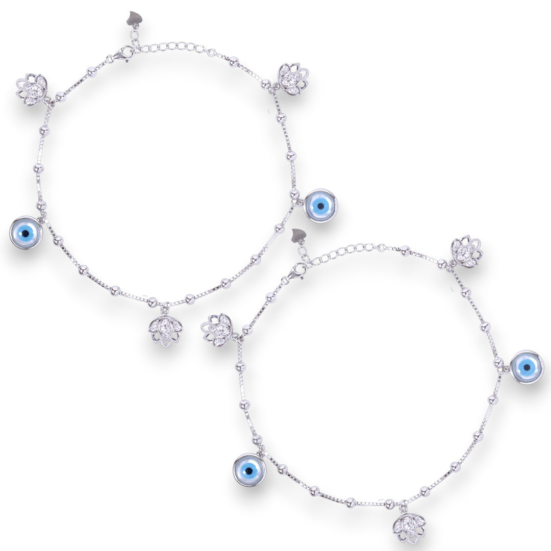 925 Sterling Silver Floral Shaped Charms Evil Eye Anklet For Women.