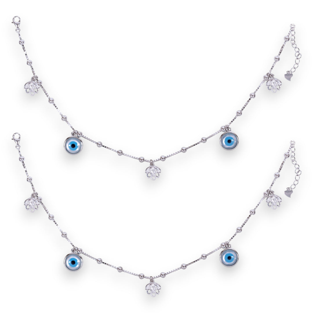 925 Sterling Silver Floral Shaped Charms Evil Eye Anklet For Women.