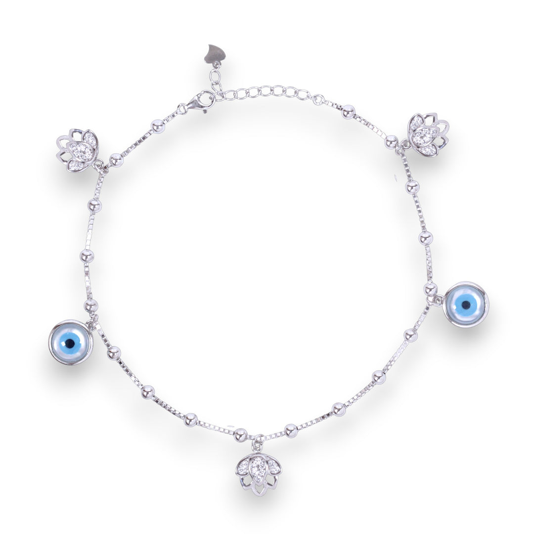 925 Sterling Silver Floral Shaped Charms Evil Eye Anklet For Women.