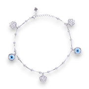 925 Sterling Silver Evil Eye & Charms Single Anklet For Women
