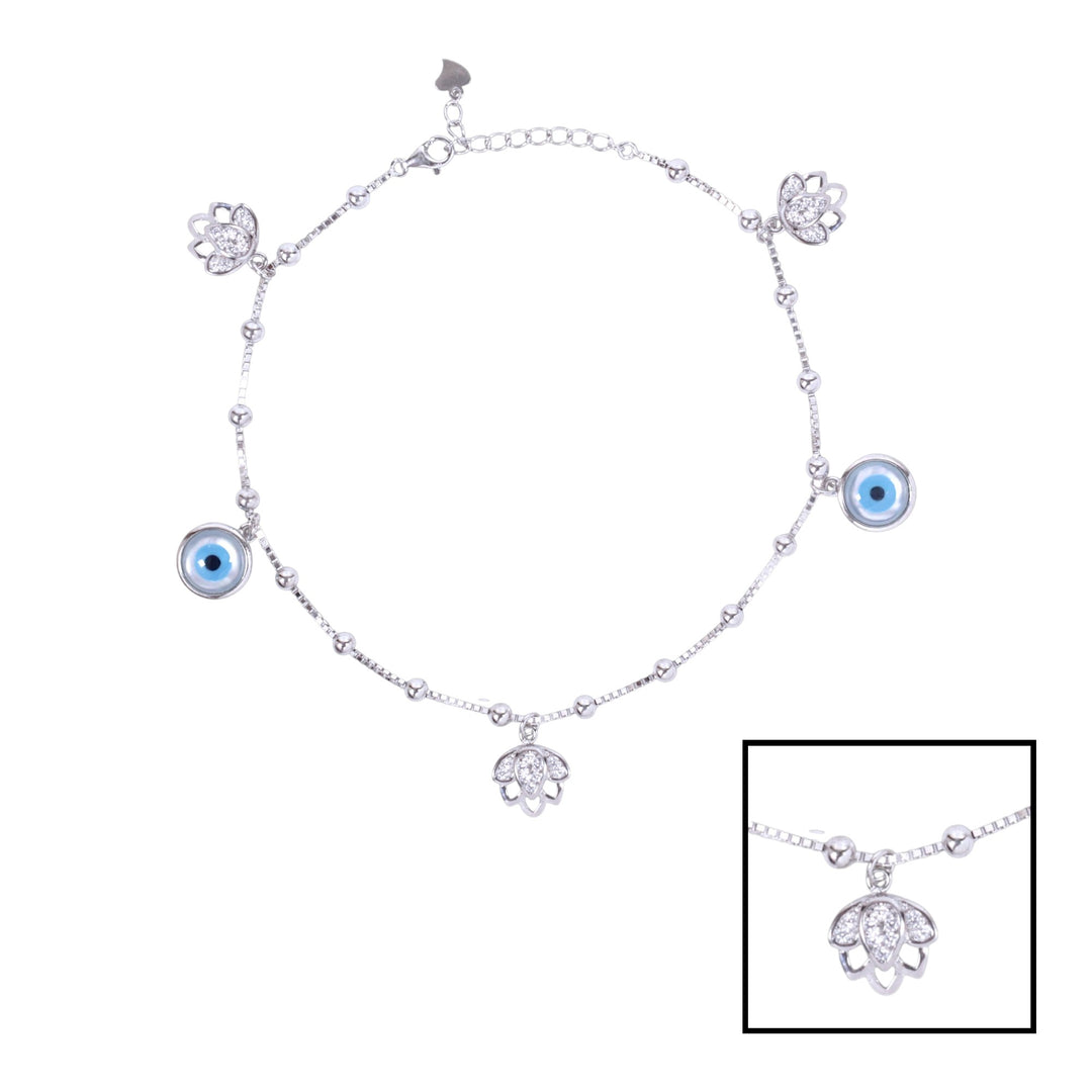 925 Sterling Silver Floral Shaped Charms Evil Eye Anklet For Women.