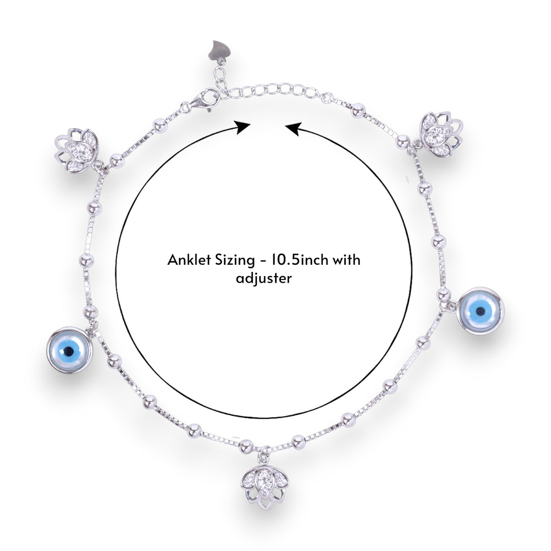 925 Sterling Silver Evil Eye & Charms Single Anklet For Women
