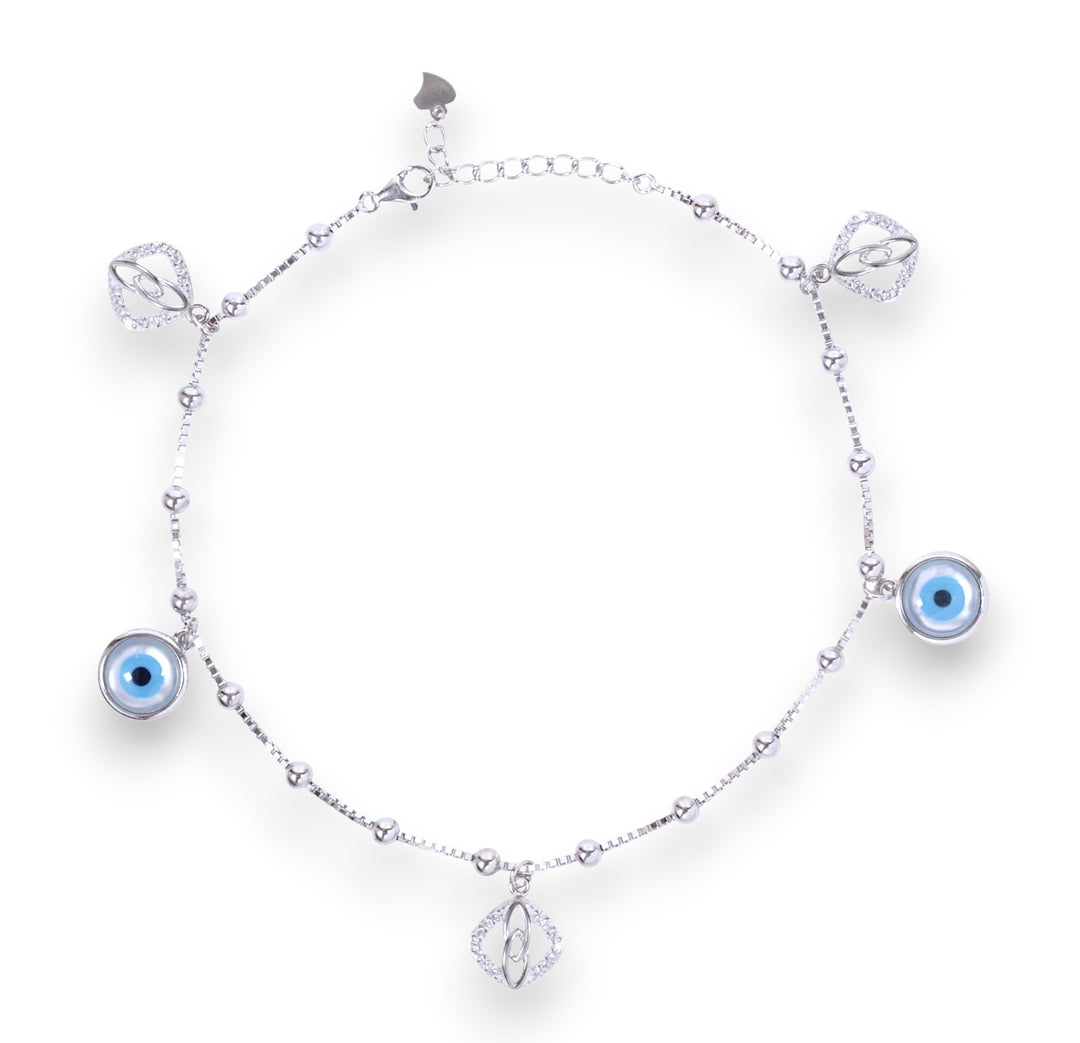 925 Sterling Silver Evil Eye & CZ Square Charm Anklet Women