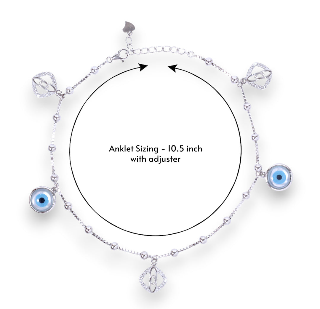 925 Sterling Silver Evil Eye & CZ Square Charm Anklet Women
