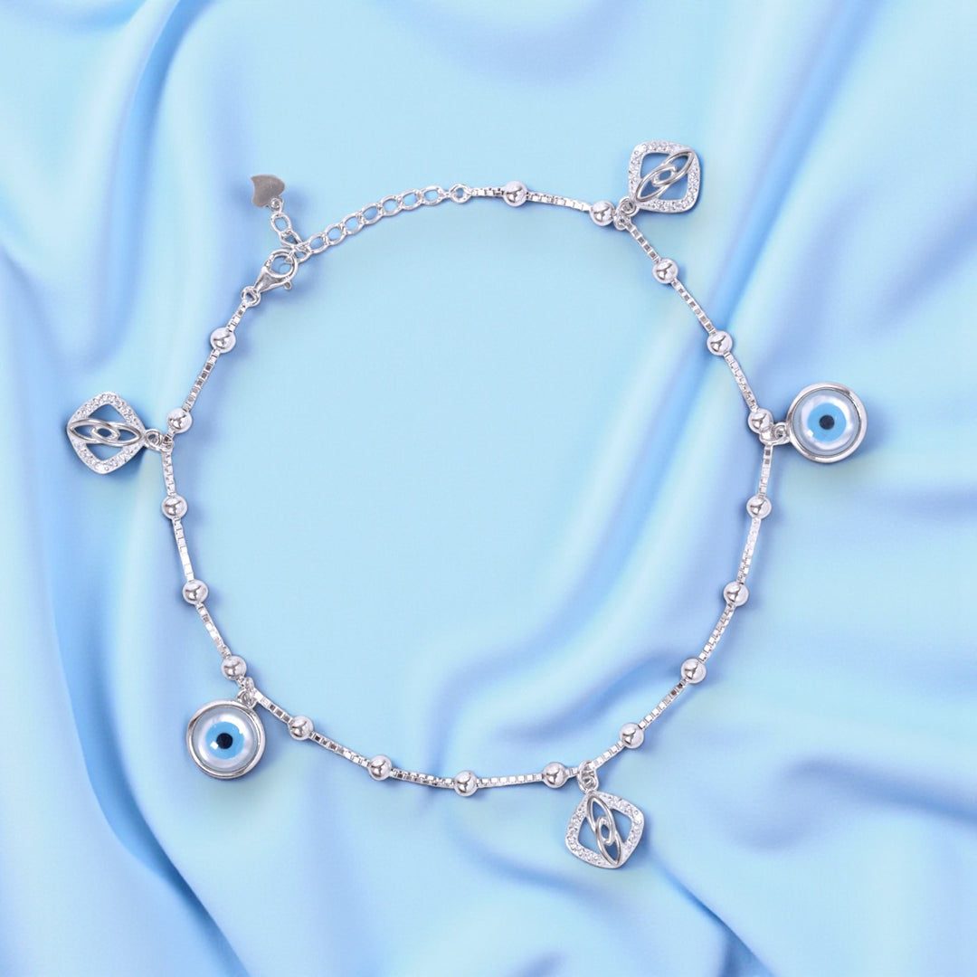 925 Sterling Silver Evil Eye & CZ Charm Single Anklet For Women