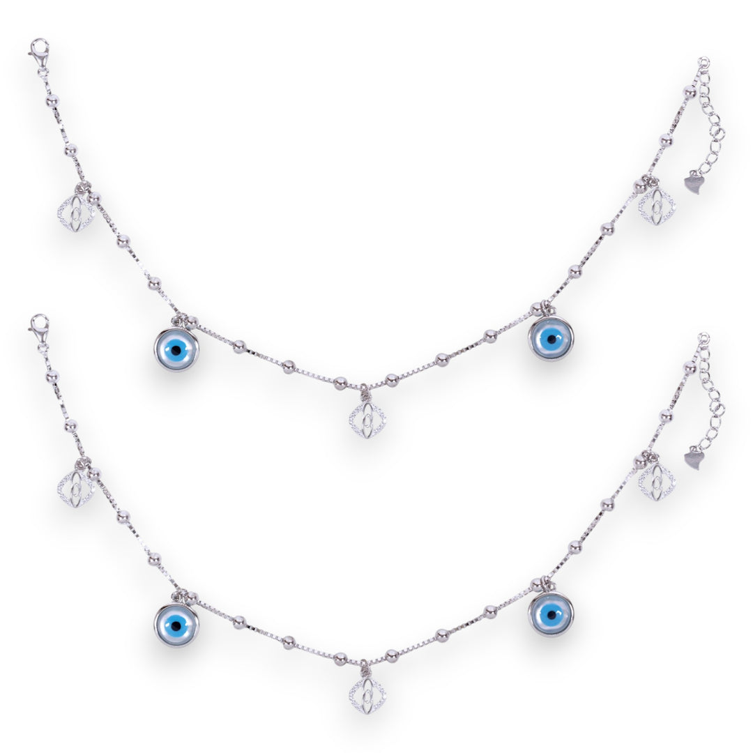 925 Sterling Silver Evil Eye & CZ Square Charm Anklet Women
