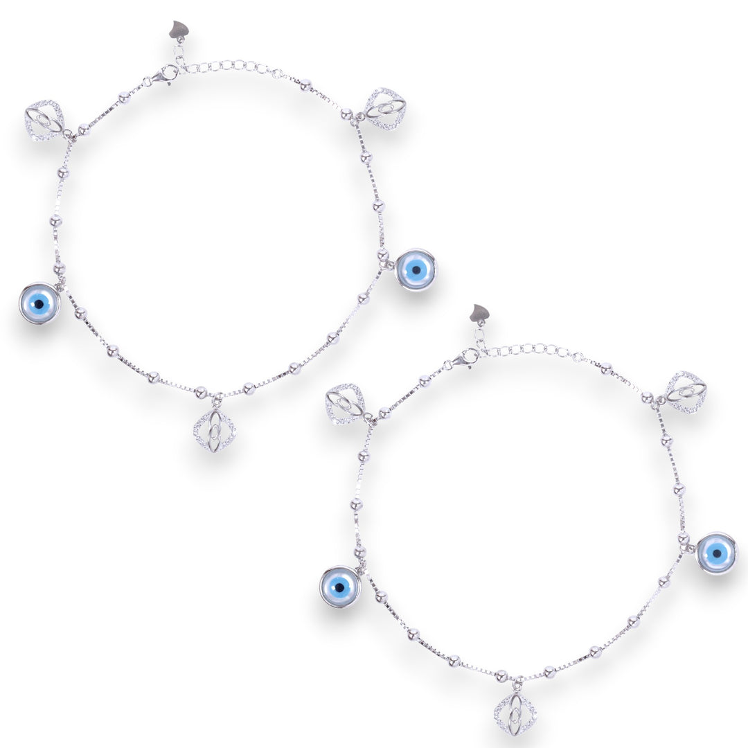 925 Sterling Silver Evil Eye & CZ Square Charm Anklet Women