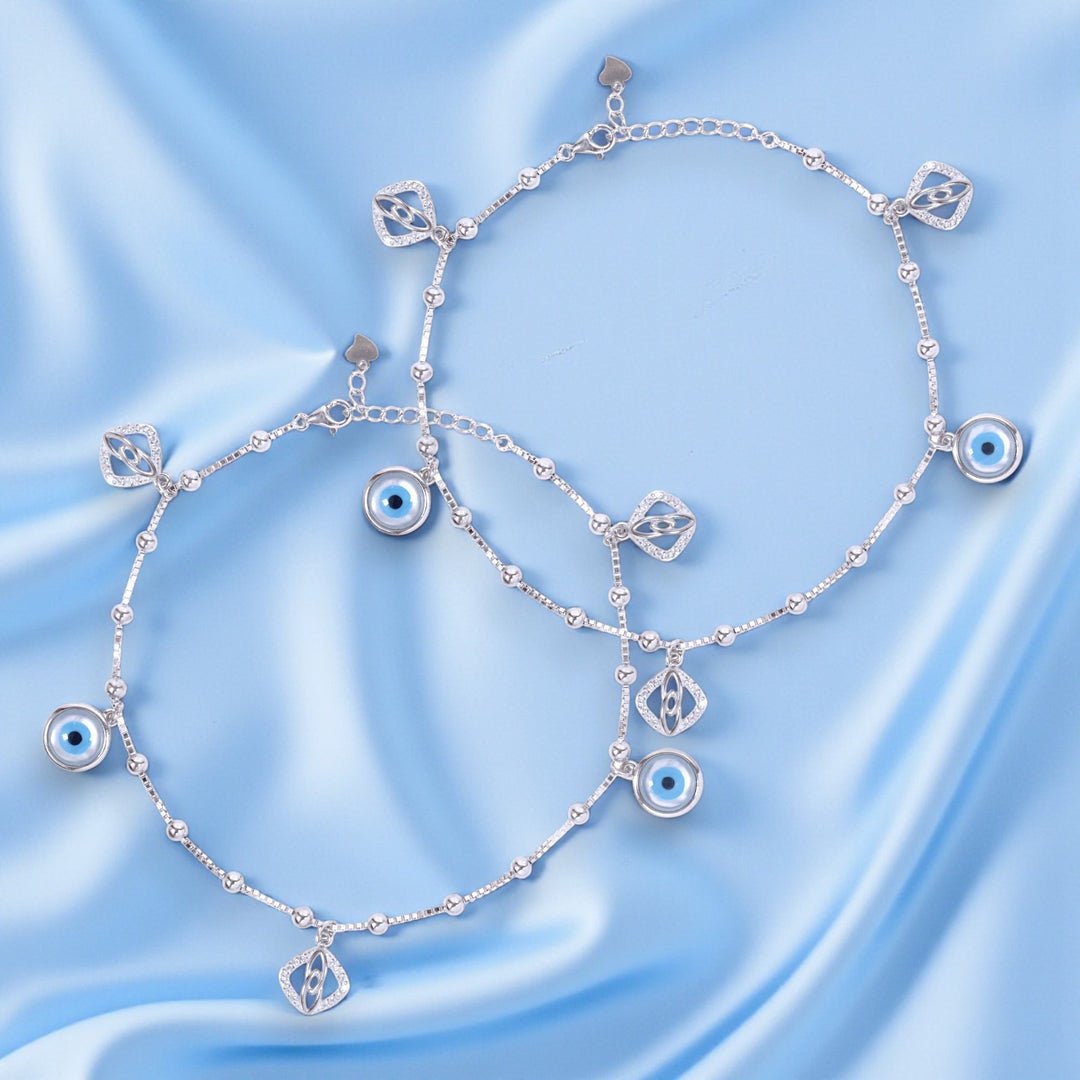 925 Sterling Silver Evil Eye & CZ Square Charm Anklet Women