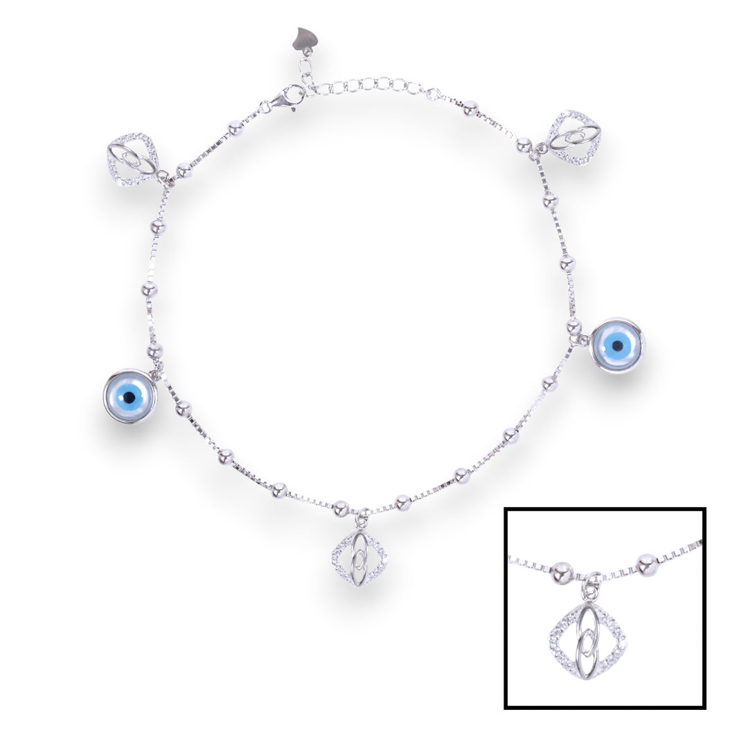 925 Sterling Silver Evil Eye & CZ Square Charm Anklet Women