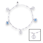 925 Sterling Silver Evil Eye & CZ Charm Single Anklet For Women