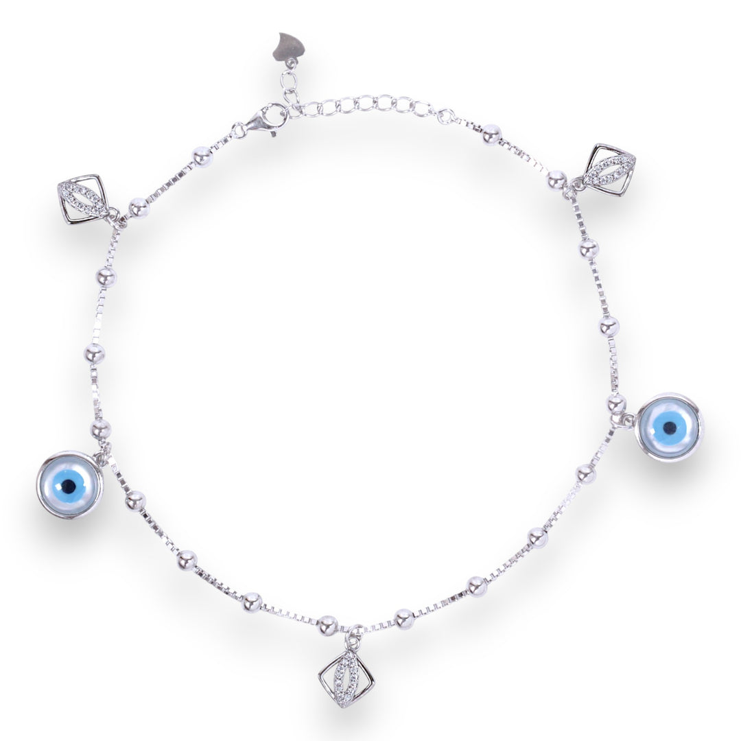 925 Sterling Silver Evil Eye & CZ Square Charm Beaded Anklet for Women