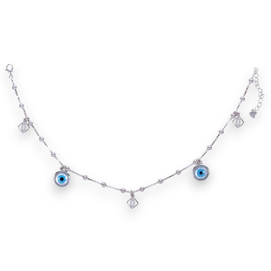 925 Sterling Silver Evil Eye & CZ Square Charm Beaded Anklet for Women