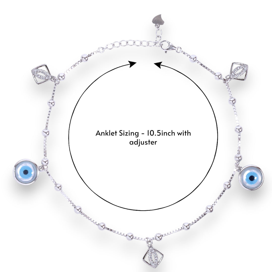 925 Sterling Silver Evil Eye & CZ Square Charm 10.5 Inch Anklets for Women