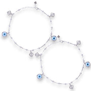 925 Sterling Silver Evil Eye & CZ Square Charm 10.5 Inch Anklets for Women