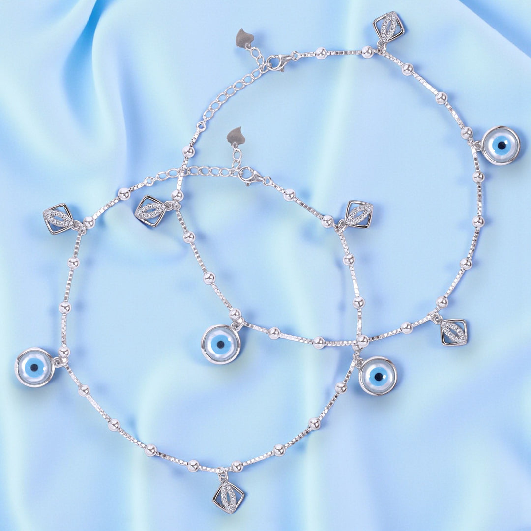 925 Sterling Silver Evil Eye & CZ Square Charm 10.5 Inch Anklets for Women