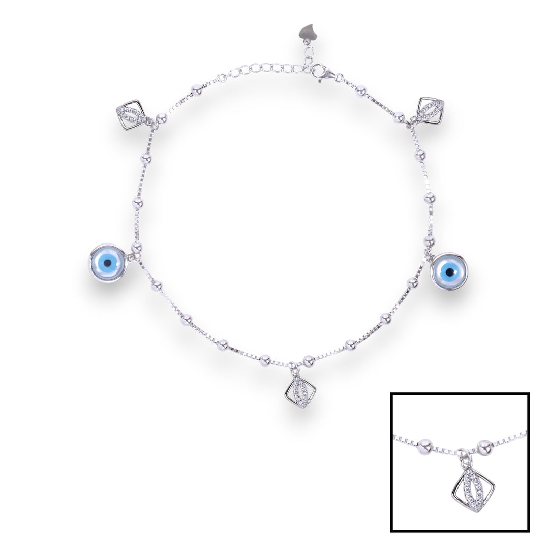 925 Sterling Silver Evil Eye & CZ Square Charm 10.5 Inch Anklets for Women