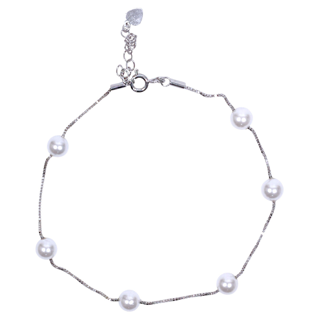 925 Sterling Silver Pearl Bead Link Chain Single Anklet For  Women