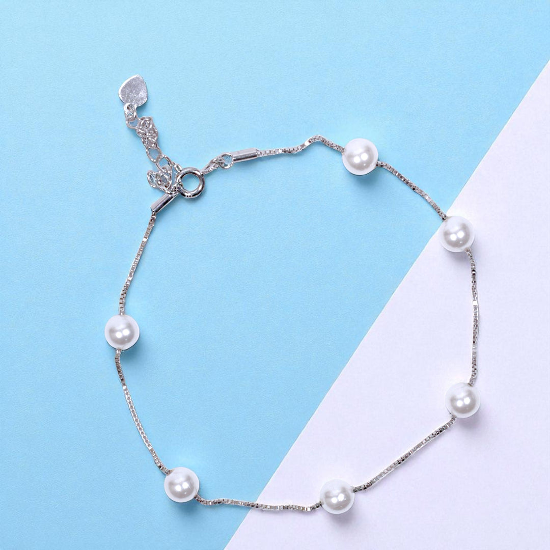925 Sterling Silver Pearl Bead Link Chain Single Anklet For  Women
