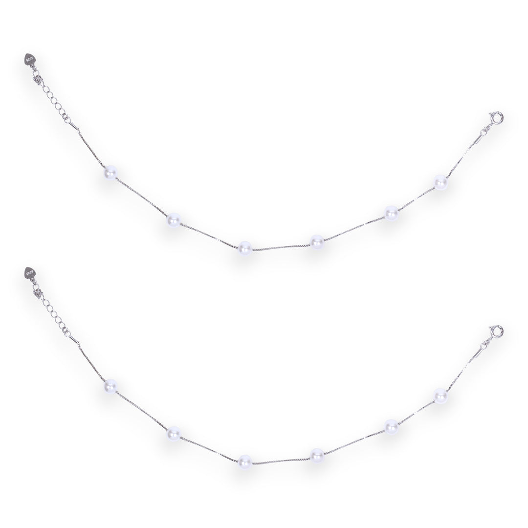 925 Sterling Silver Pearls Link Chain Anklet For Women