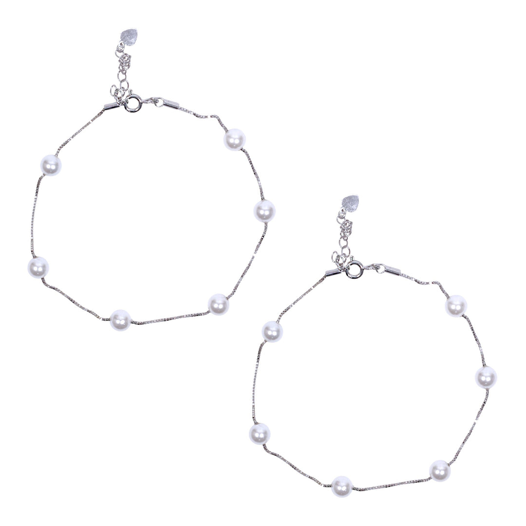 925 Sterling Silver Pearls Link Chain Anklet For Women