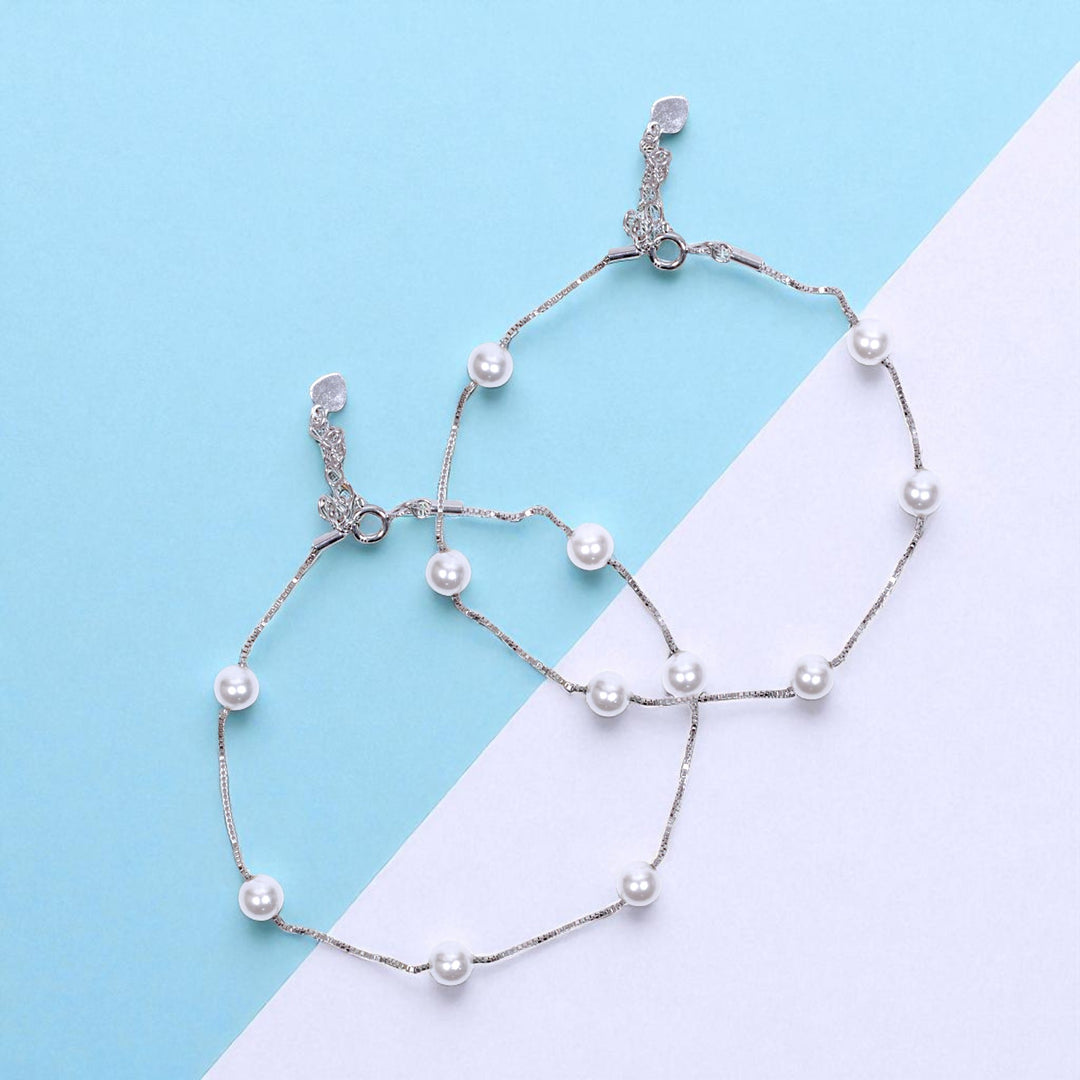 925 Sterling Silver Pearls Link Chain Anklet For Women
