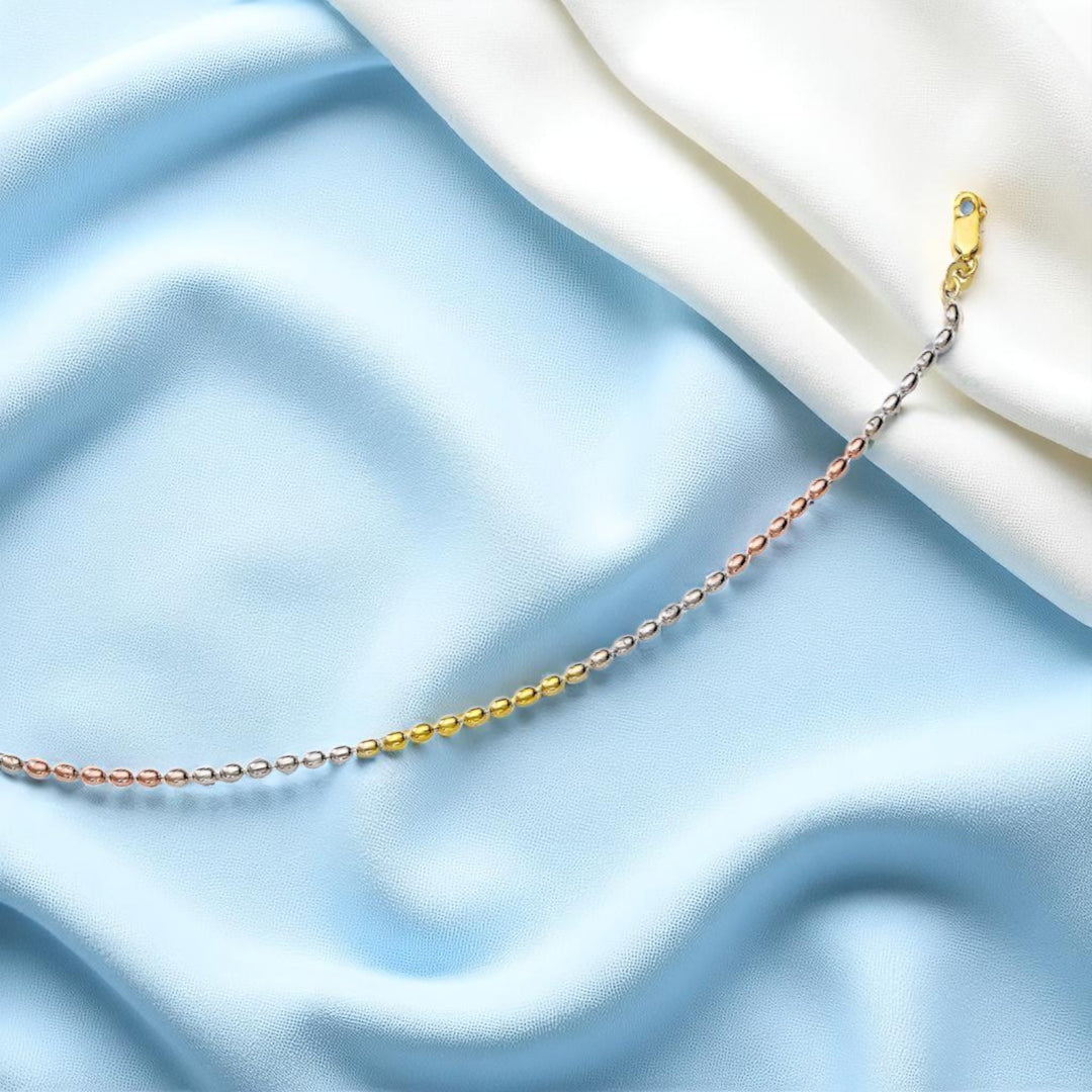 925 Sterling Silver Single Tri-Tone Ball Chain Anklet for Women