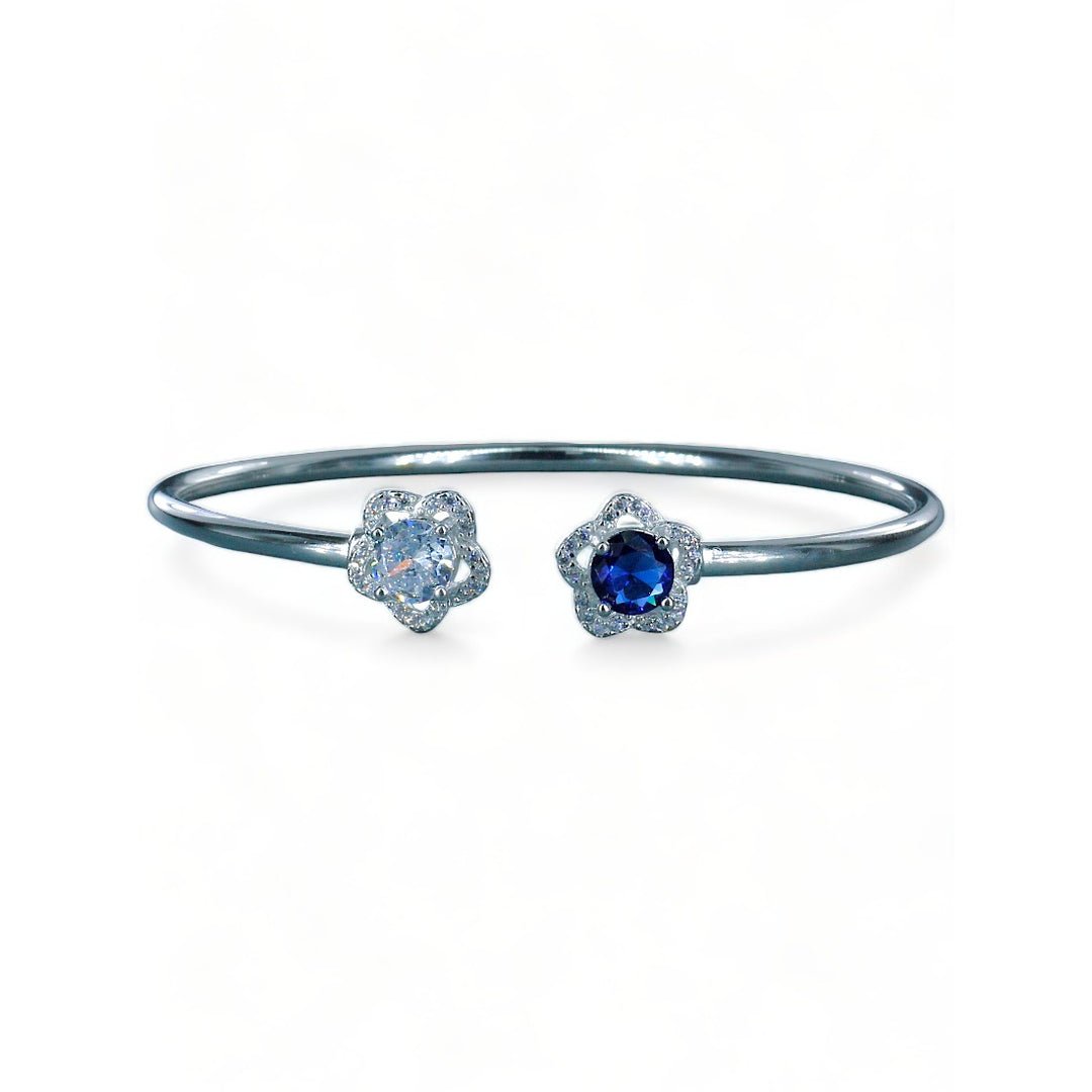 925 Sterling Silver Floral Blue & White CZ Bangle For Women/Girls