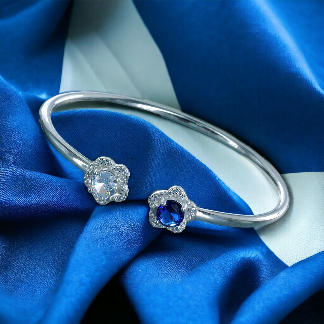 925 Sterling Silver Floral Blue & White CZ Bangle For Women/Girls