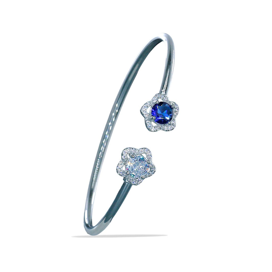 925 Sterling Silver Floral Blue & White CZ Bangle For Women/Girls