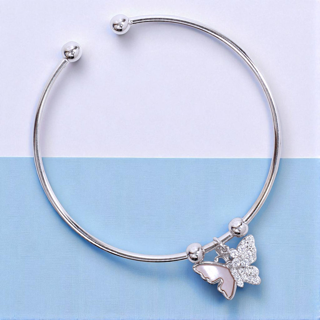 925 Sterling Silver Cz Butterfly Charms Rhodium Finsh Bangle for Women
