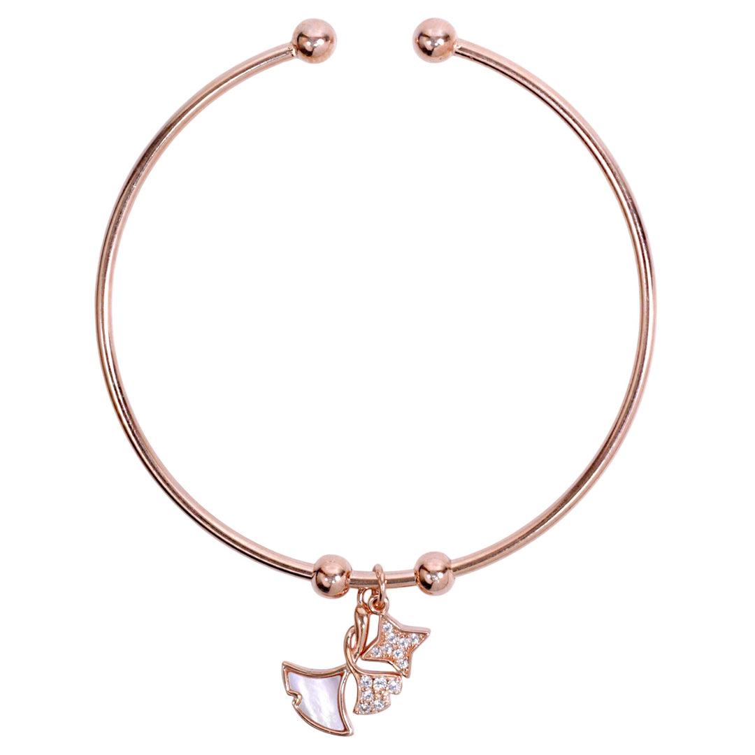 925 Sterling Silver Leaf & Star Charms Rose Gold Bangles for Women