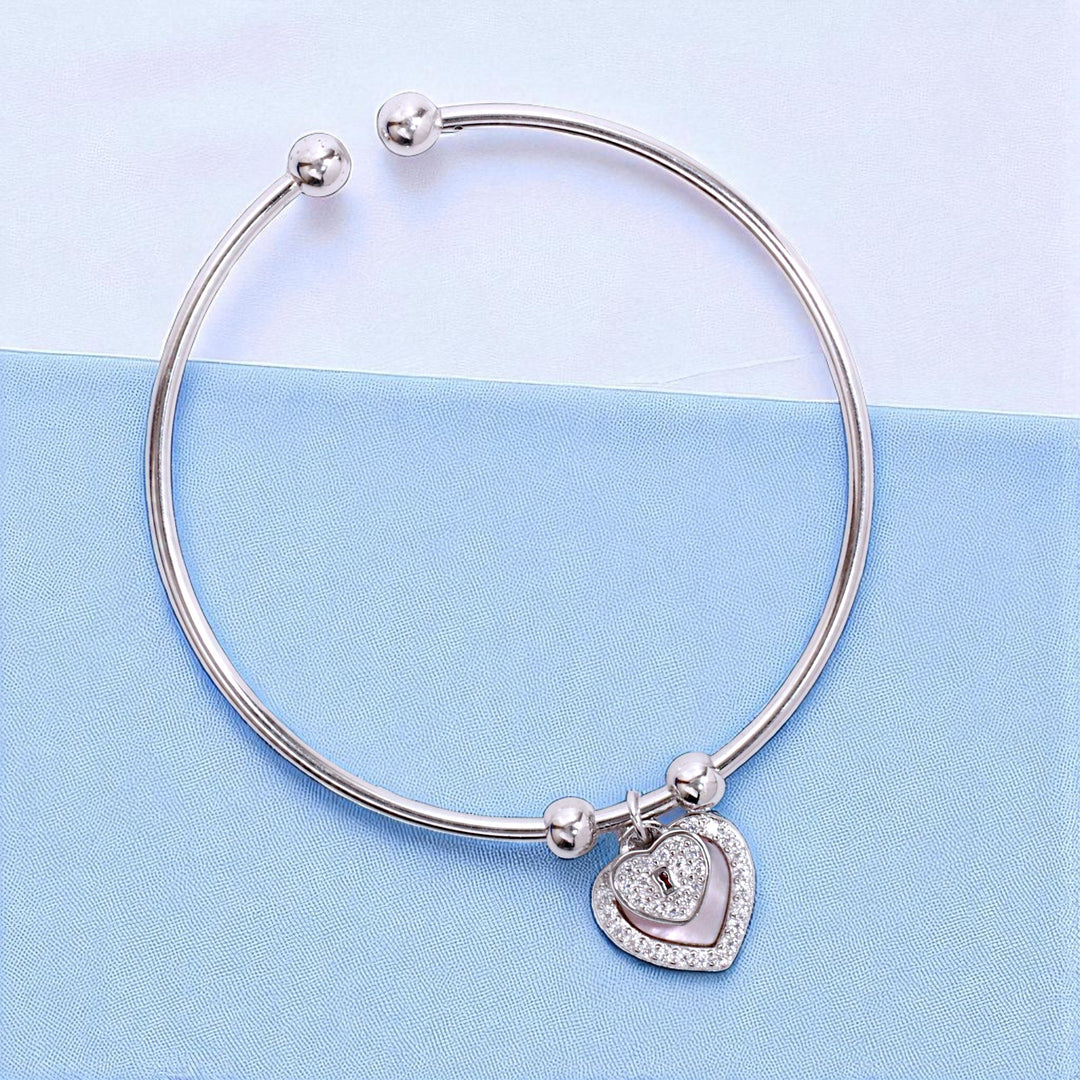 925 Streling Silver Double Heart Cz Charm Bangle For Women/Girl