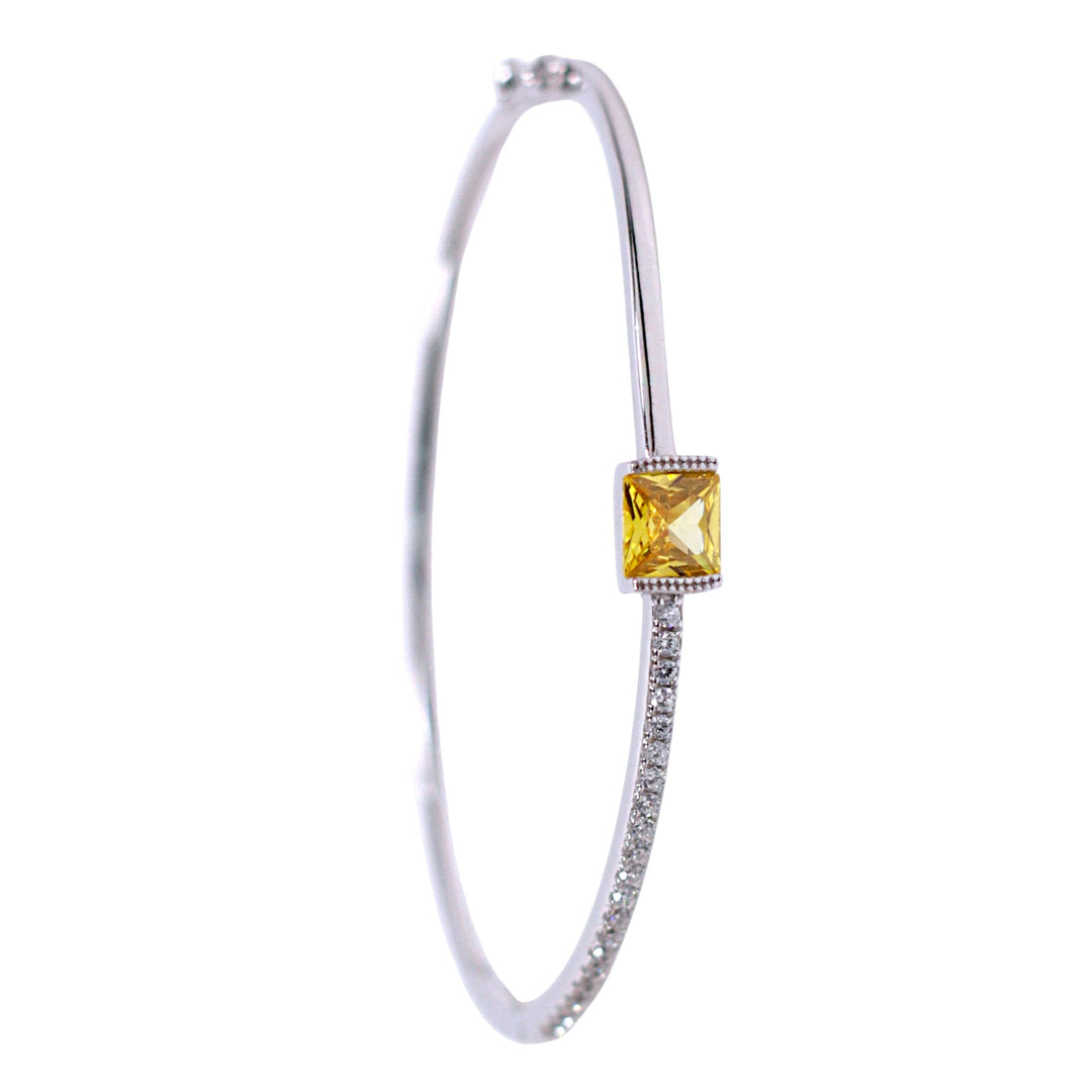 925 Sterling Silver Yellow Square Stone Cz with Rhodium Finish Bangle for Women