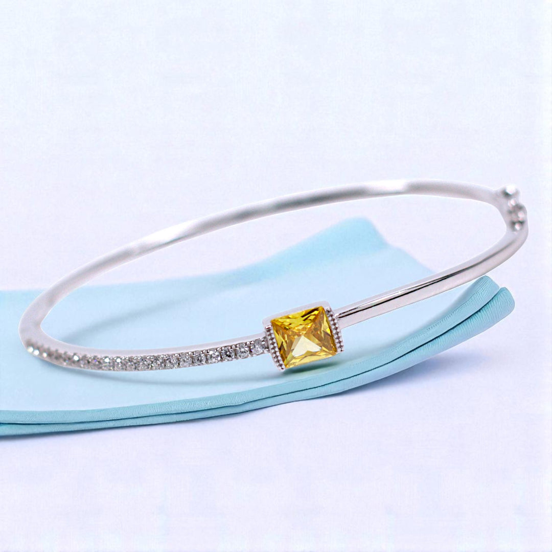 925 Sterling Silver Yellow Square Stone Cz with Rhodium Finish Bangle for Women