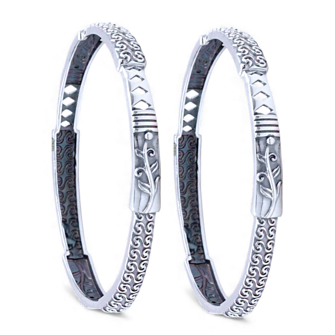 925 Sterling Silver Intricate Leaf and Swirl Engraved Bangles for Women