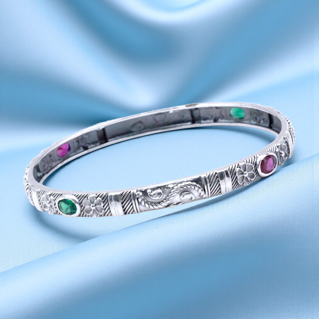 925 Sterling Silver Engraved Floral Motif Multi-Color Gem Single Bangle for Women