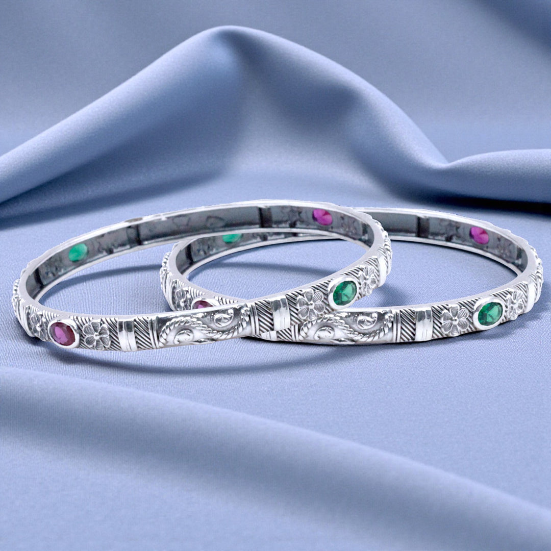 925 Sterling Silver Engraved with Multi-Color Gemstone Accents Bangle For Women