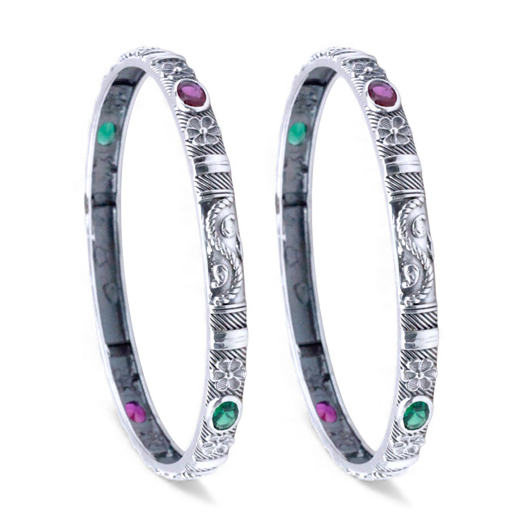 925 Sterling Silver Engraved with Multi-Color Gemstone Accents Bangle For Women