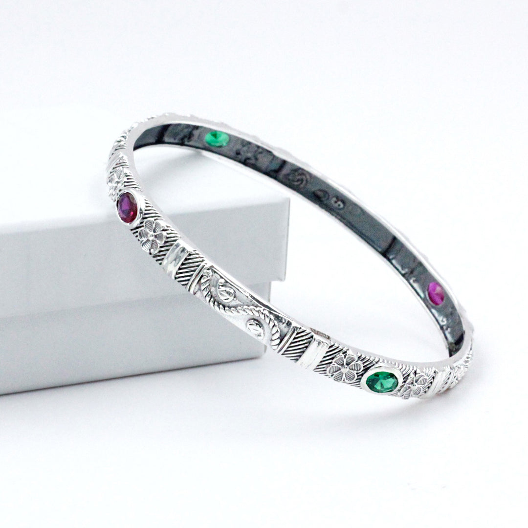 925 Sterling Silver Engraved Floral Motif Multi-Color Gem Single Bangle for Women