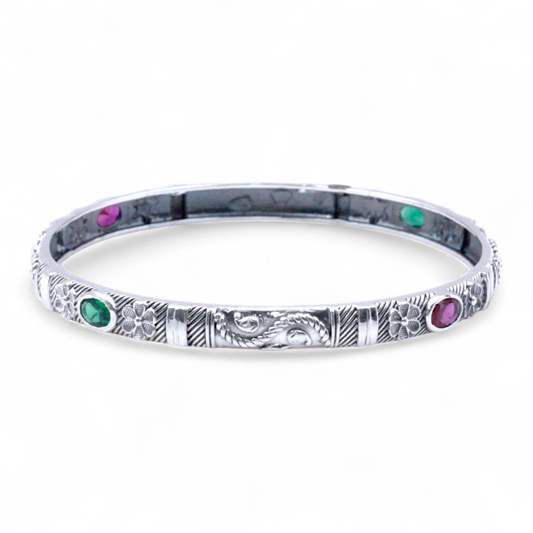 925 Sterling Silver Engraved Floral Motif Multi-Color Gem Single Bangle for Women