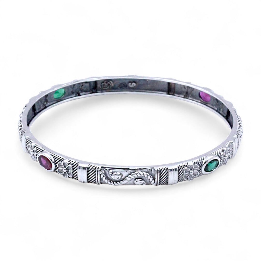 925 Sterling Silver Engraved Floral Motif Multi-Color Gem Single Bangle for Women