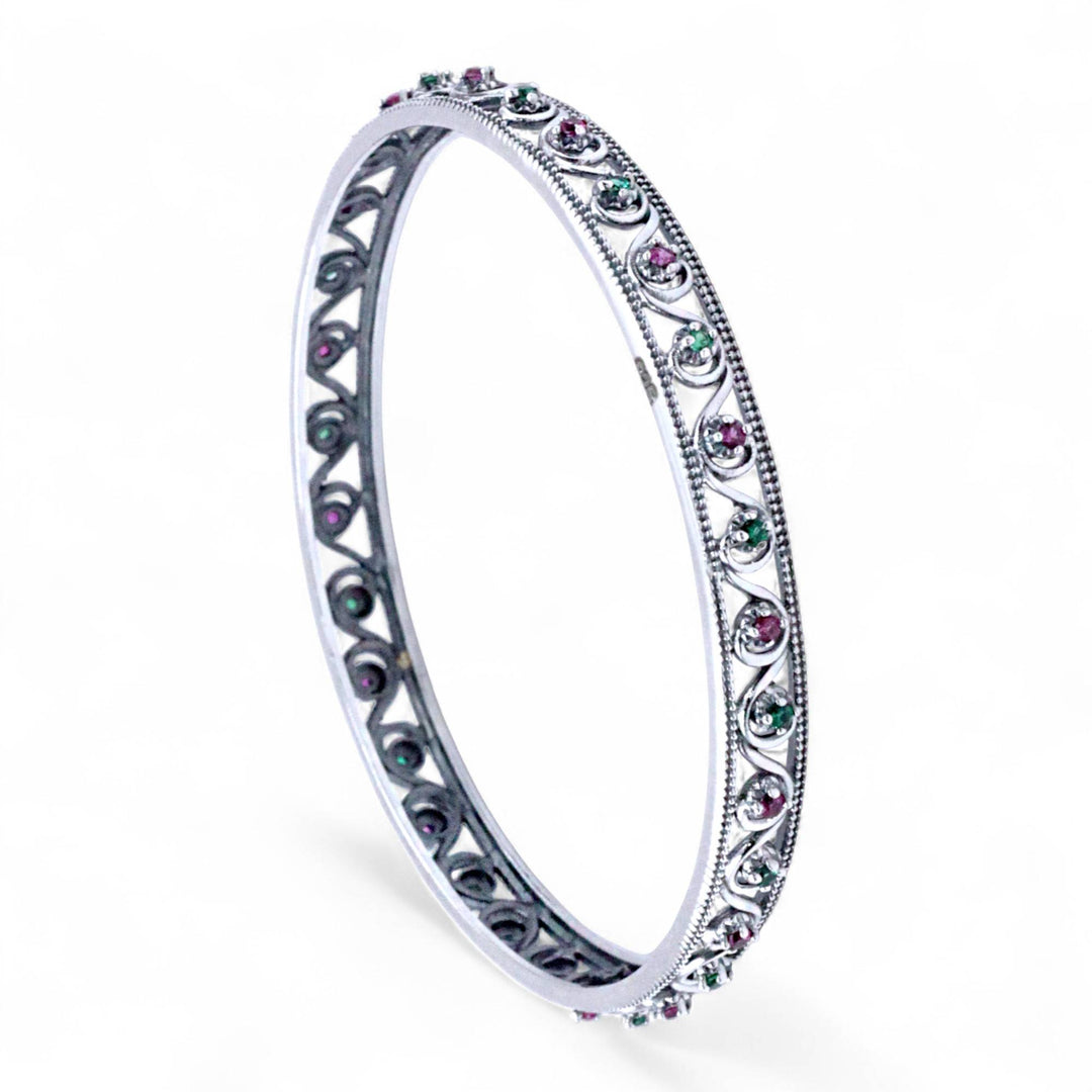 925 Sterling Silver Swirl Design Pink & Green CZ Single Bangle For Women