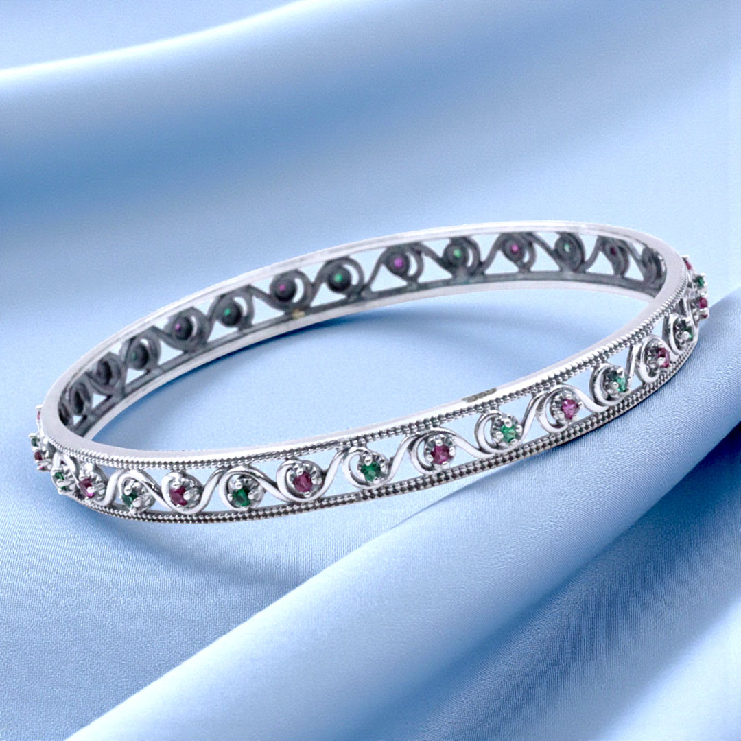 925 Sterling Silver Swirl Design Pink & Green CZ Single Bangle For Women