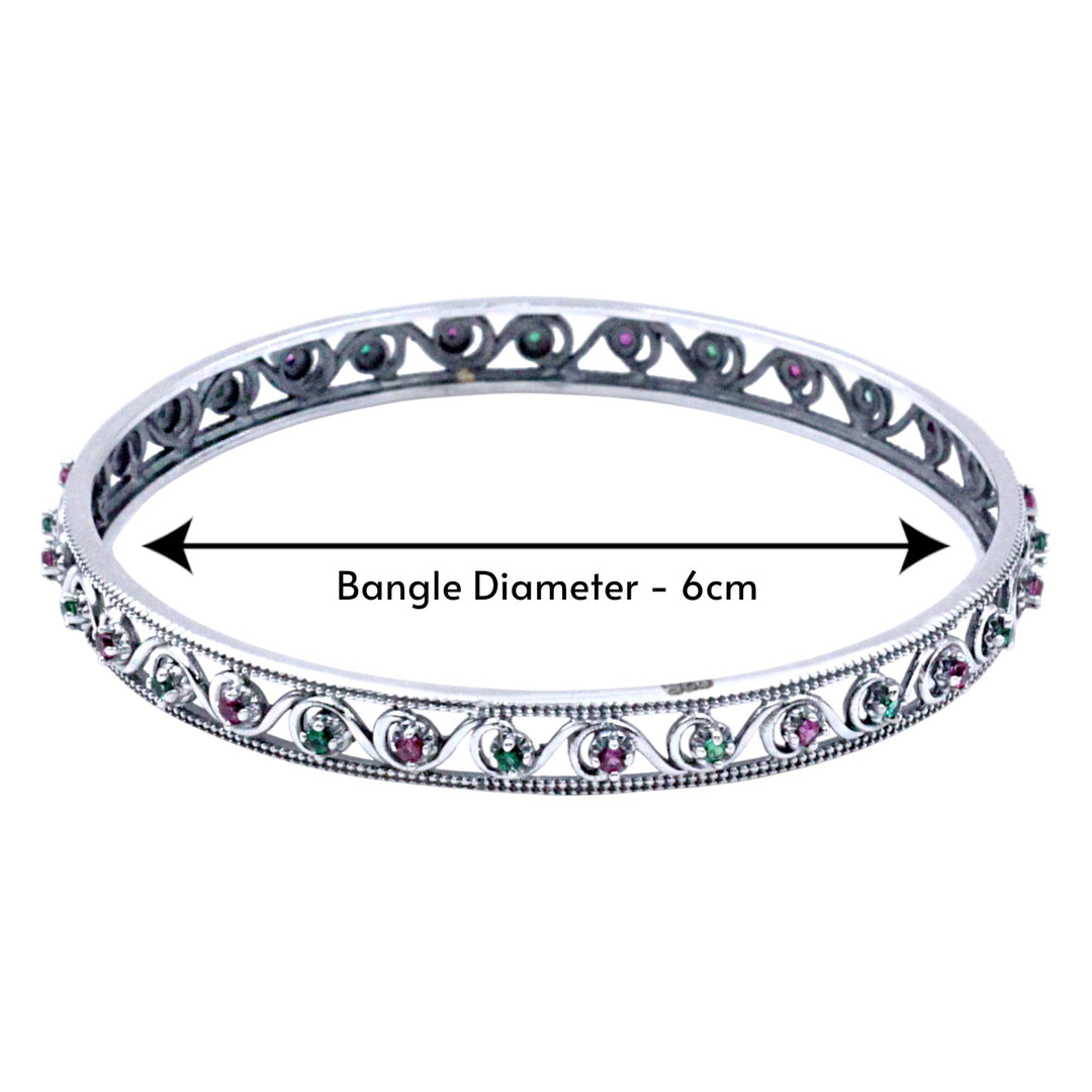 925 Sterling Silver Swirl Design Pink & Green CZ Single Bangle For Women