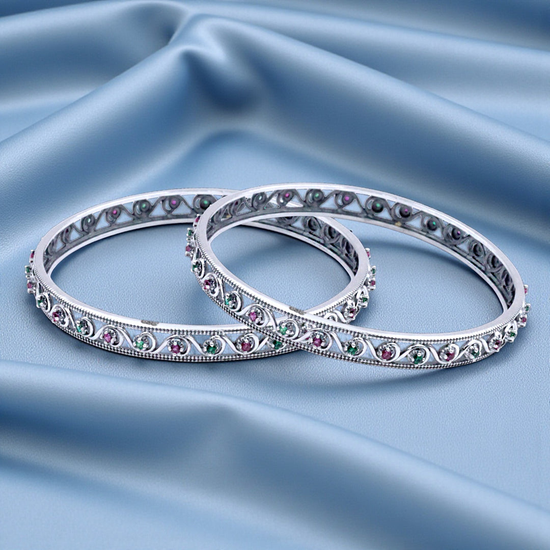 925 Sterling Silver Swirl Design Pink & Green CZ Bangle For Women