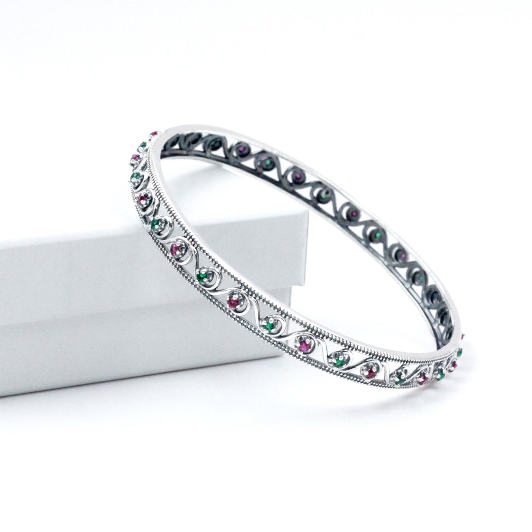 925 Sterling Silver Swirl Design Pink & Green CZ Single Bangle For Women