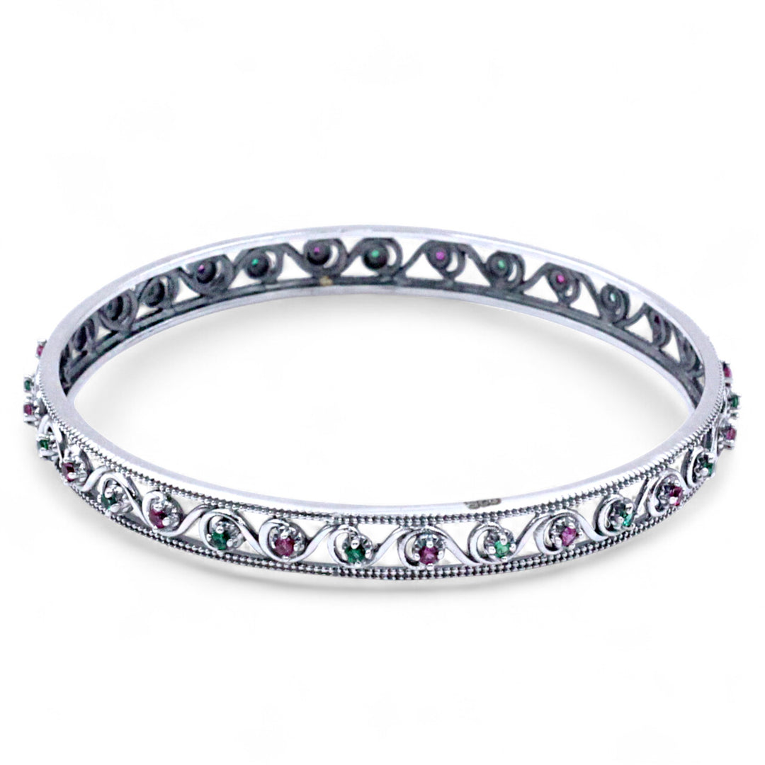 925 Sterling Silver Swirl Design Pink & Green CZ Single Bangle For Women