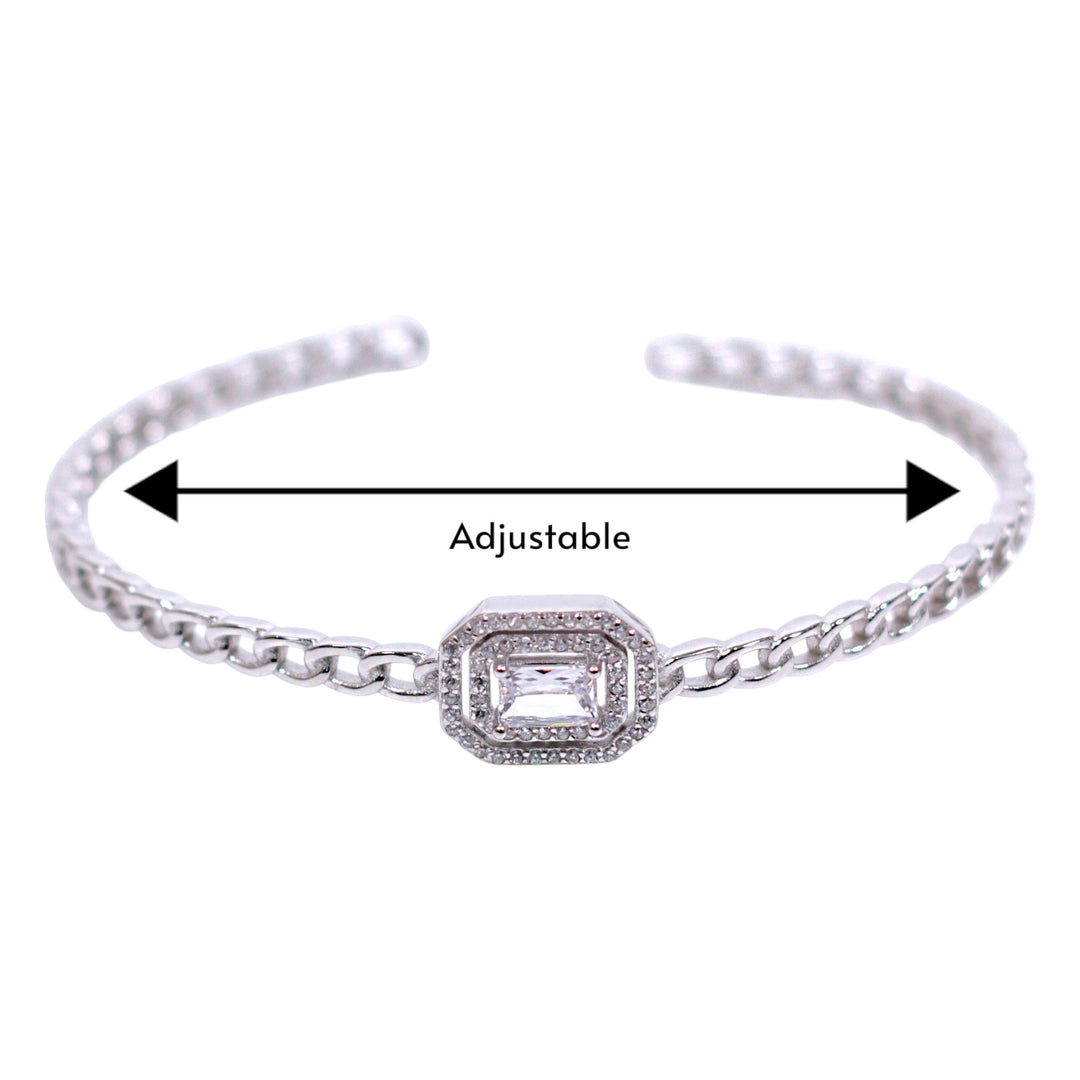925 Sterling Silver Rhodium Adjustable Finish Rectangular CZ Bangle for Women